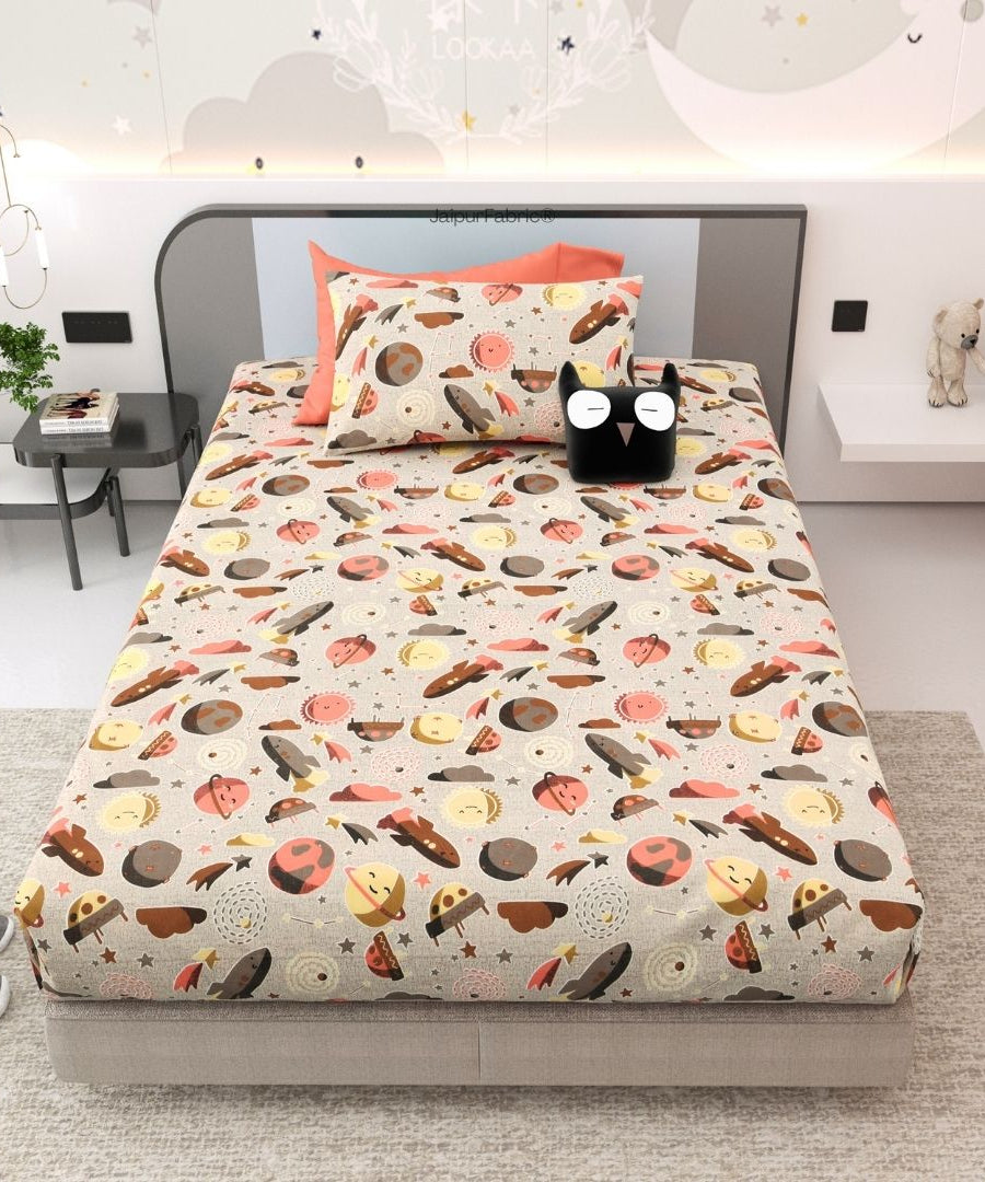 Future Astronaut Beige Soft Cotton Kids Bed Sheet Combo of 2