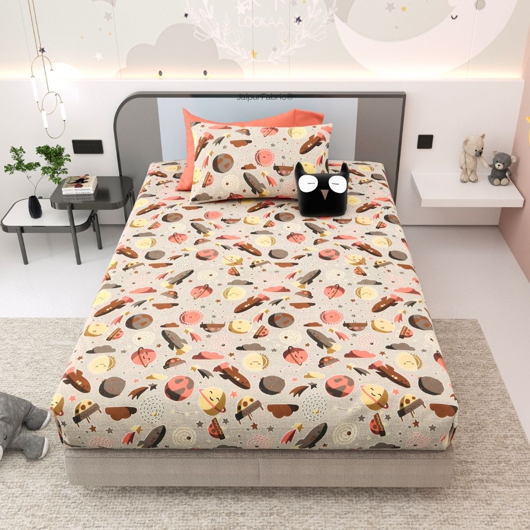 Future Astronaut Beige Soft Cotton Kids Bed Sheet Combo of 2
