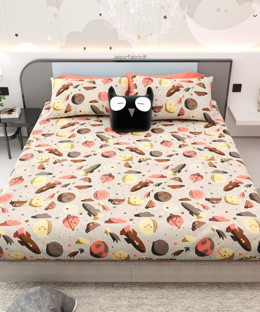 Future Astronaut Beige Soft Cotton Kids Bed Sheet Combo of 2