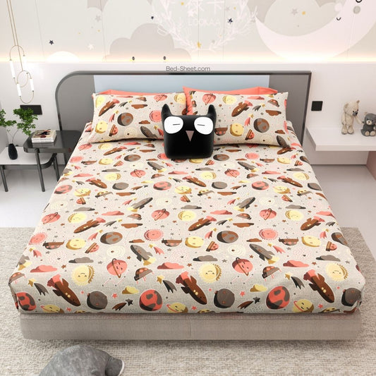 Beige Space Explorer Soft Cotton Kids Bed Sheet