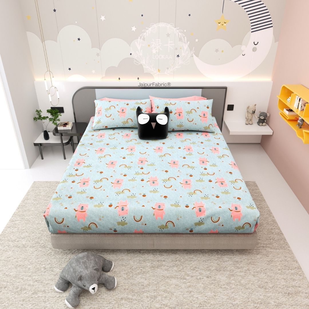 Playtime Pals Blue Pastel Soft Cotton Kids Bed Sheet Combo of 2