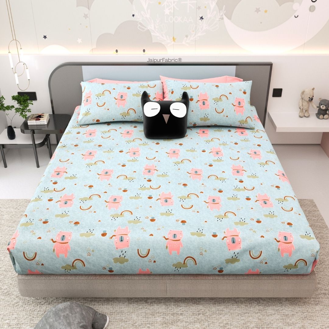 Playtime Pals Blue Pastel Soft Cotton Kids Bed Sheet Combo of 2
