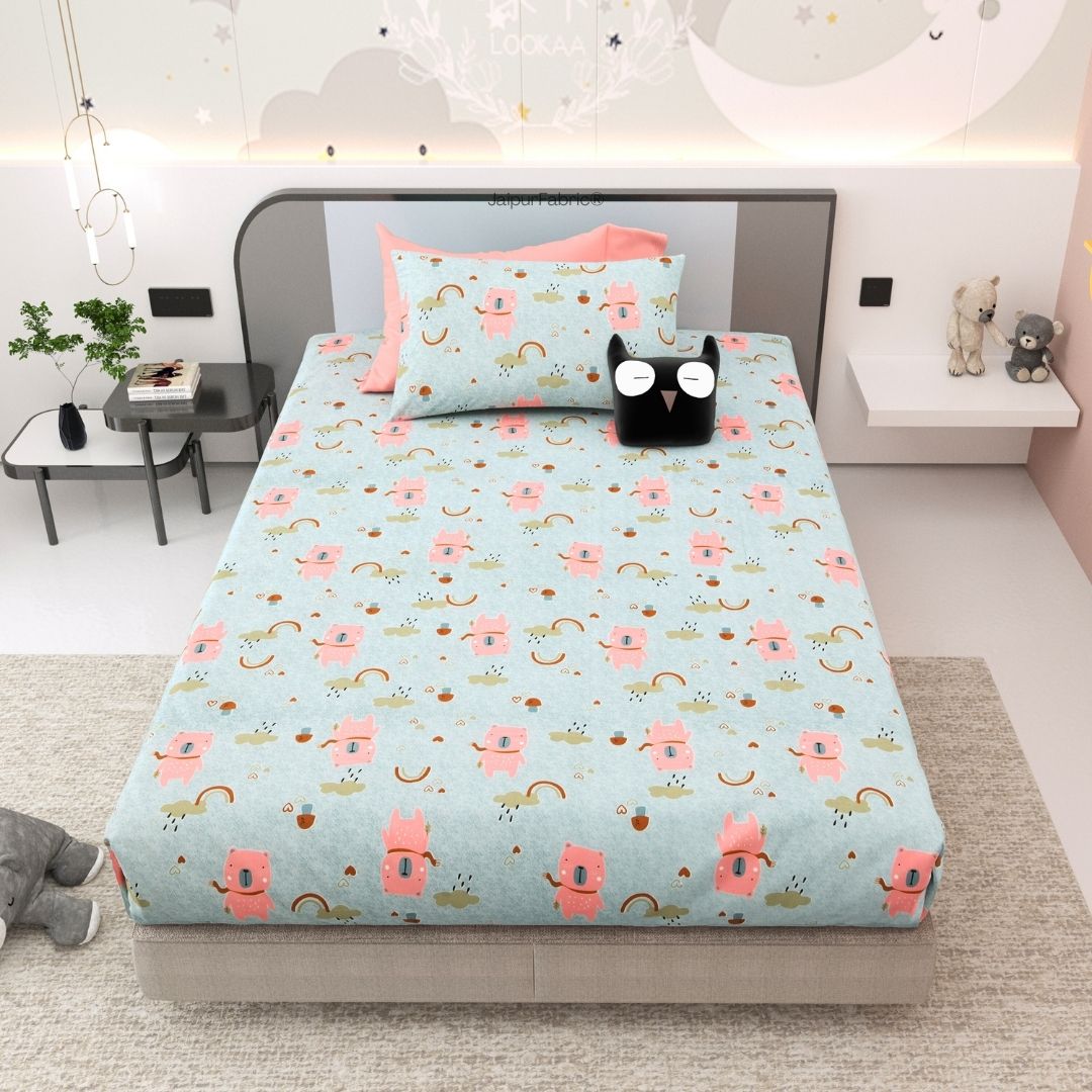 Playtime Pals Blue Pastel Soft Cotton Kids Bed Sheet Combo of 2