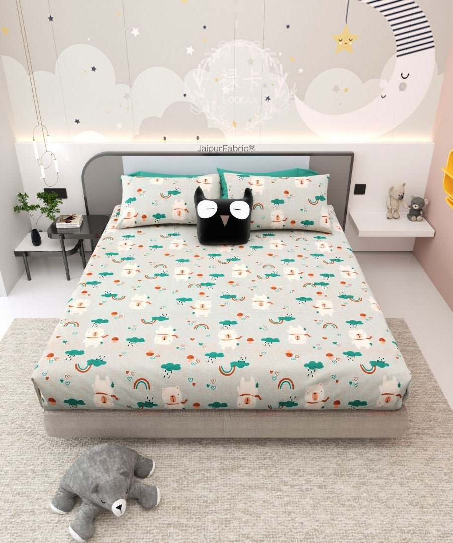 Playtime Pals Green Pastel Soft Cotton Kids Bed Sheet Combo of 2