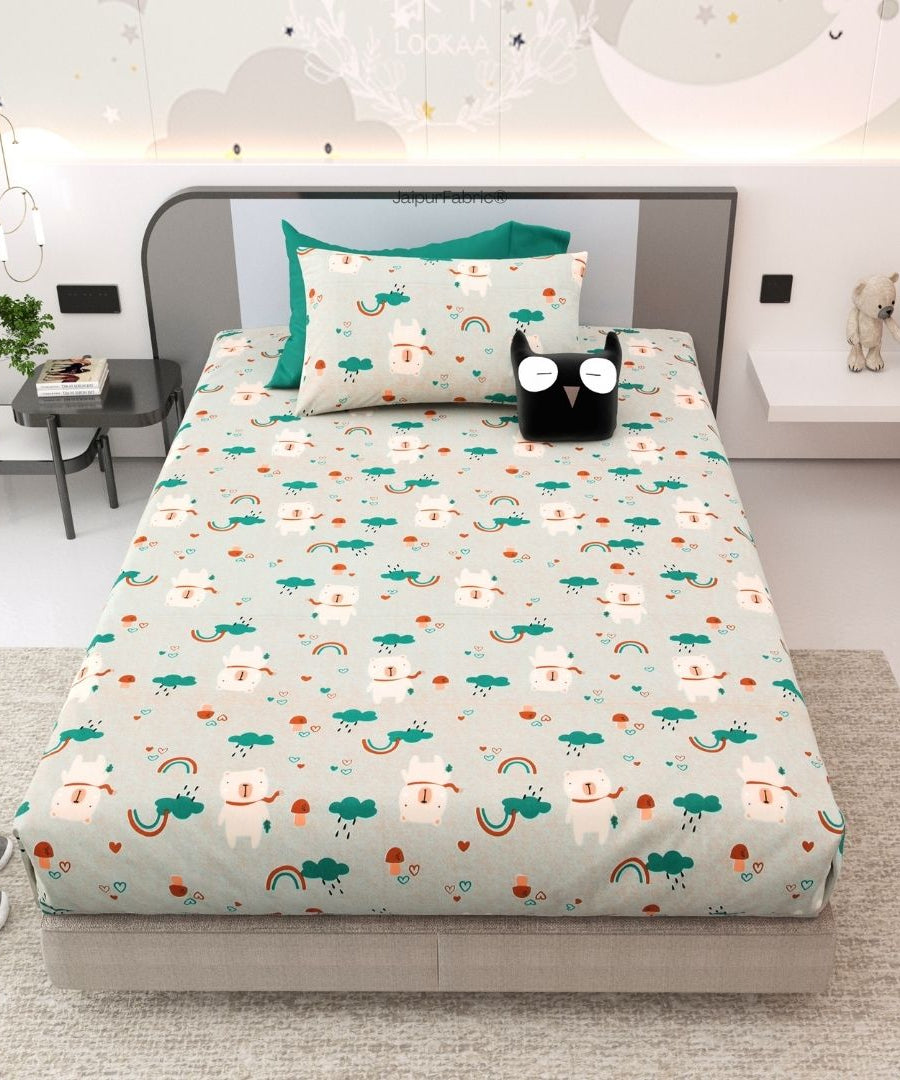 Playtime Pals Green Pastel Soft Cotton Kids Bed Sheet Combo of 2