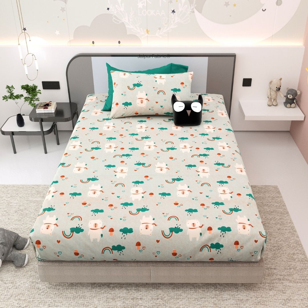 Playtime Pals Green Pastel Soft Cotton Kids Bed Sheet Combo of 2