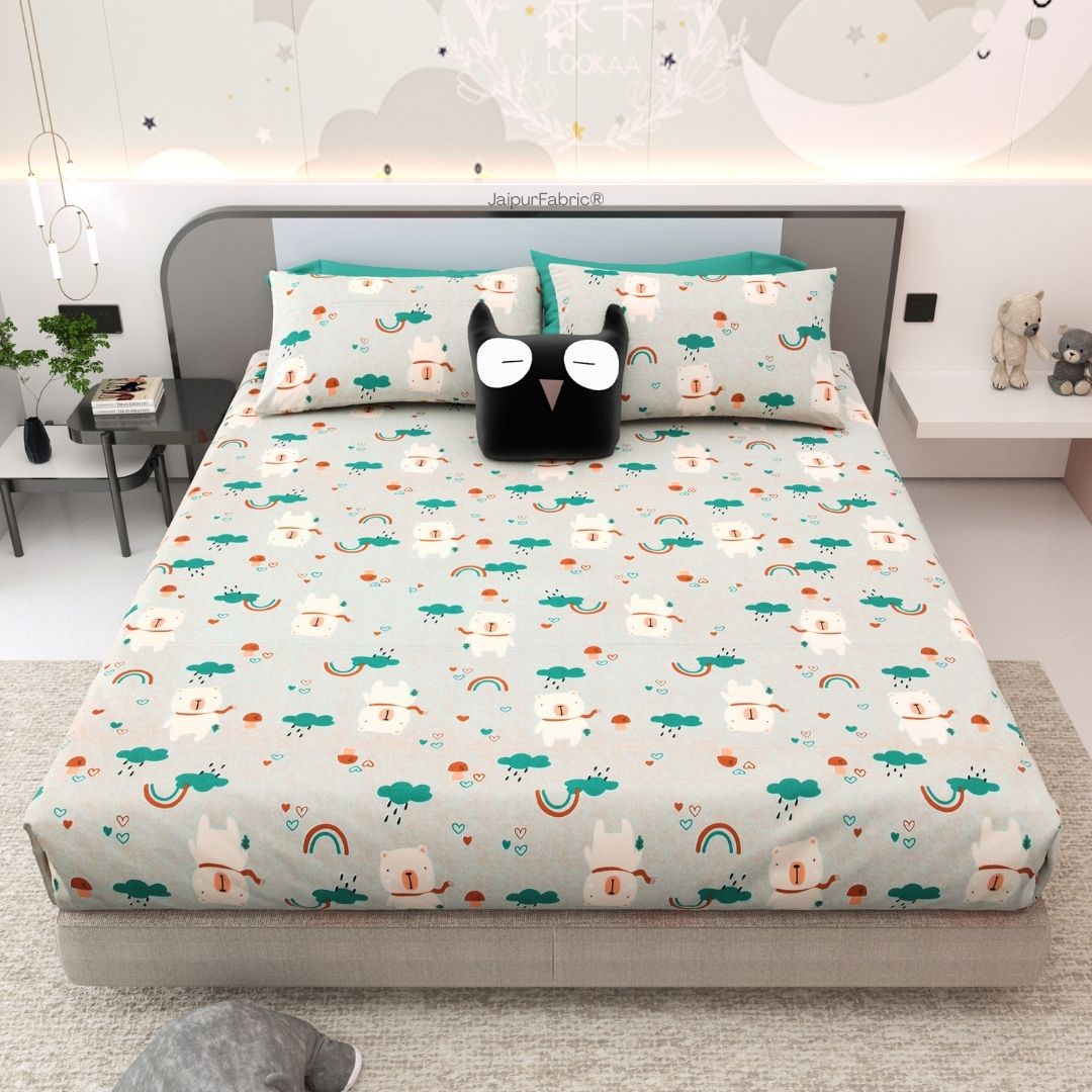 Playtime Pals Green Pastel Soft Cotton Kids Bed Sheet Combo of 2