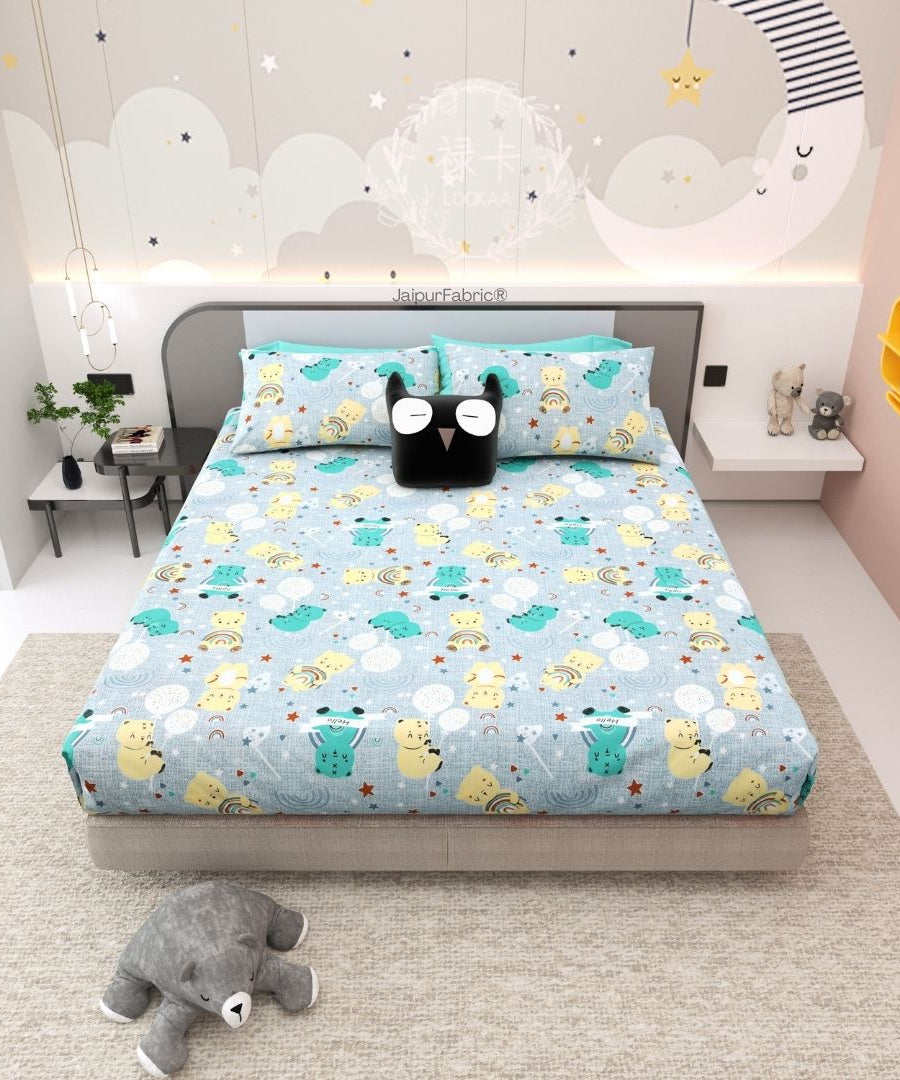 Cuteness Overloaded Blue Soft Cotton Kids Bed Sheet Combo of 2