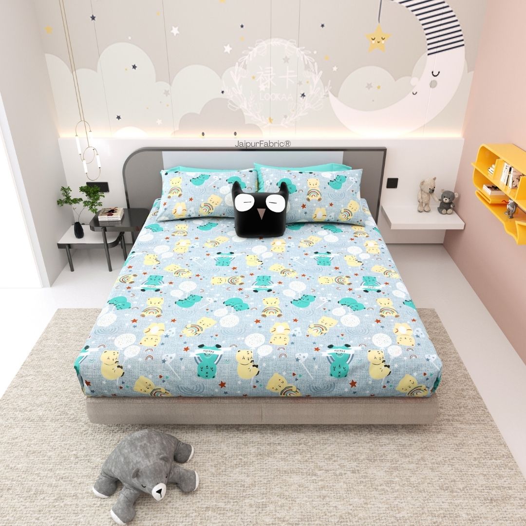 Cuteness Overloaded Blue Soft Cotton Kids Bed Sheet Combo of 2