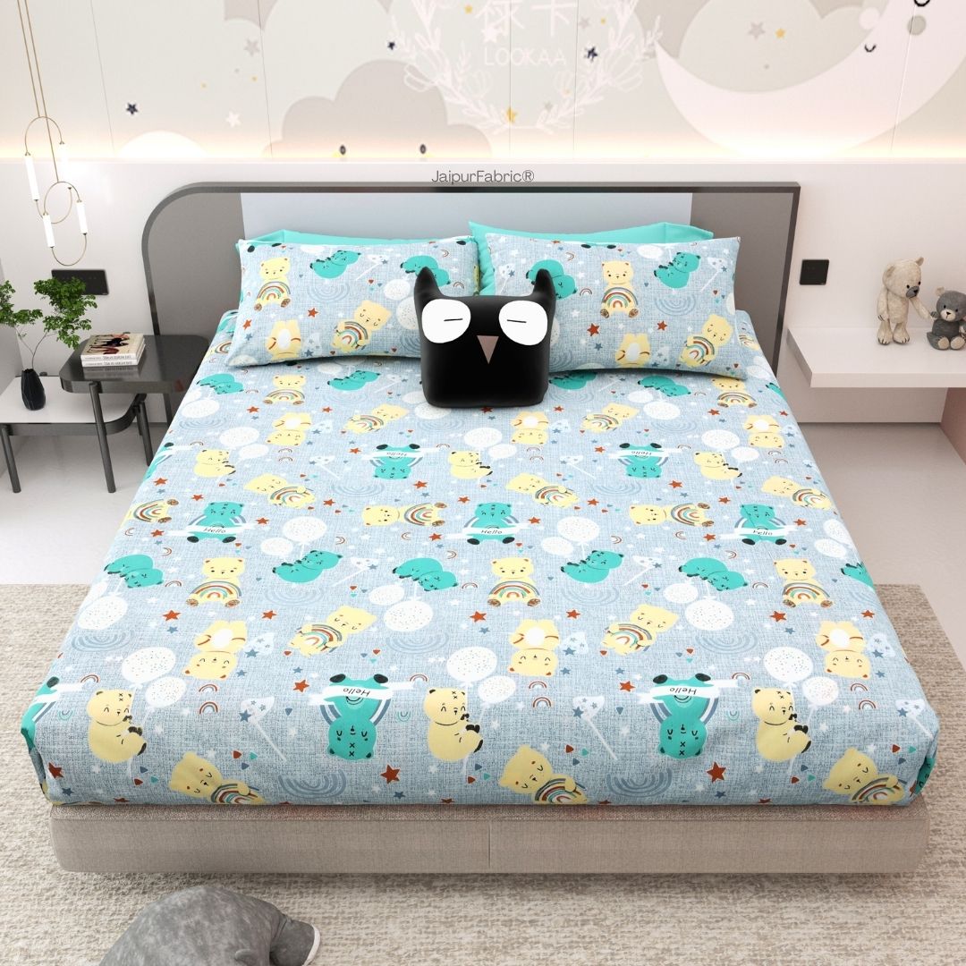 Cuteness Overloaded Blue Soft Cotton Kids Bed Sheet Combo of 2