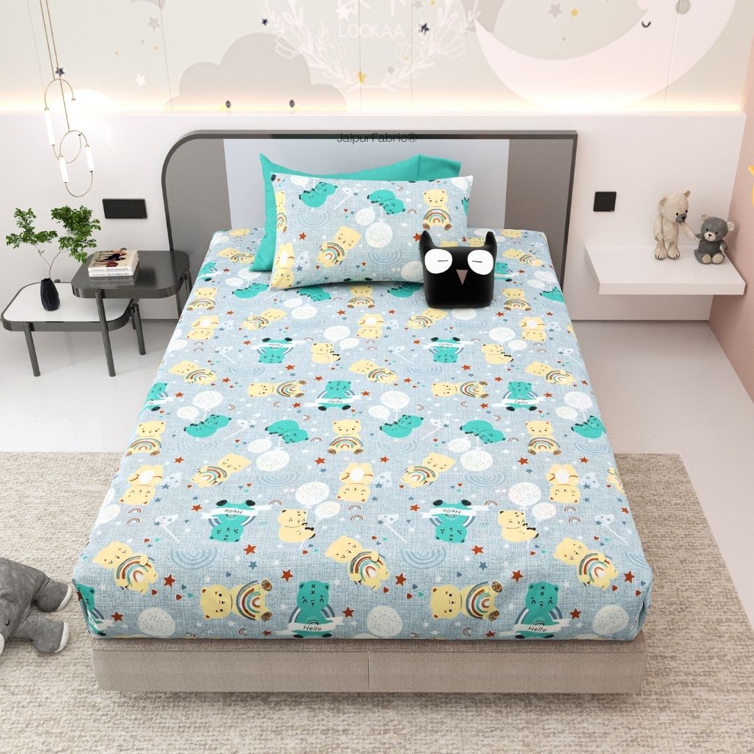 Cuteness Overloaded Blue Soft Cotton Kids Bed Sheet Combo of 2