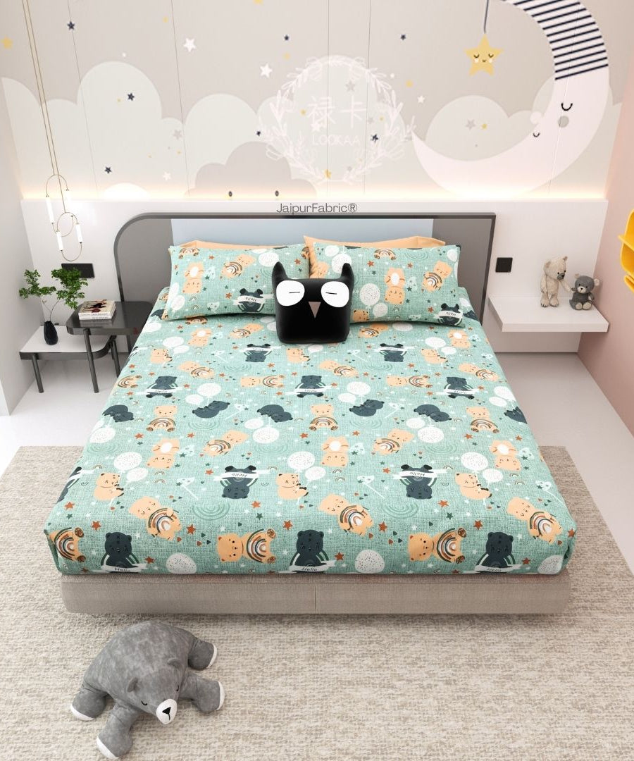 Cuteness Overloaded Green Soft Cotton Kids Bed Sheet Combo of 2