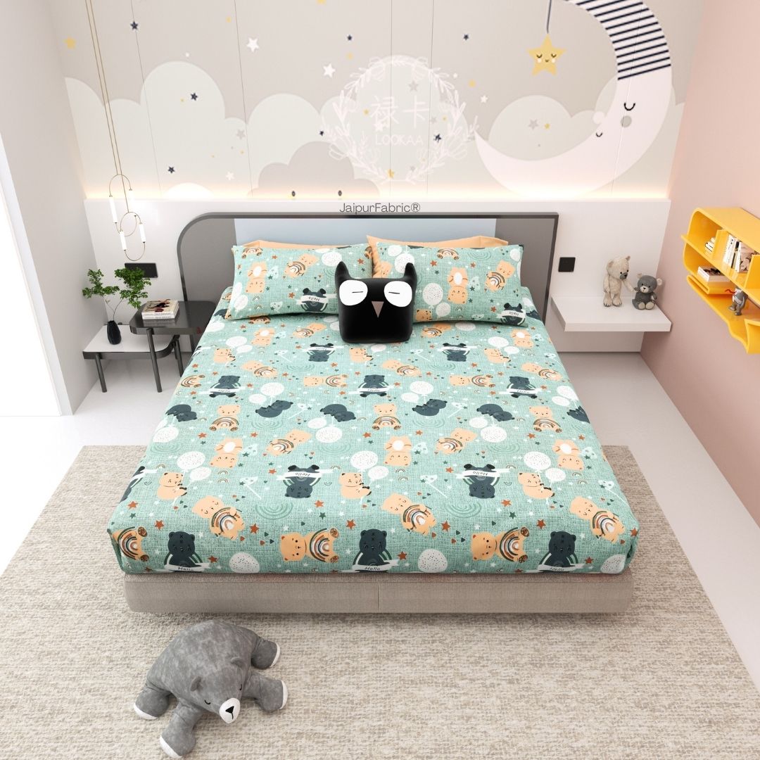 Cuteness Overloaded Green Soft Cotton Kids Bed Sheet Combo of 2
