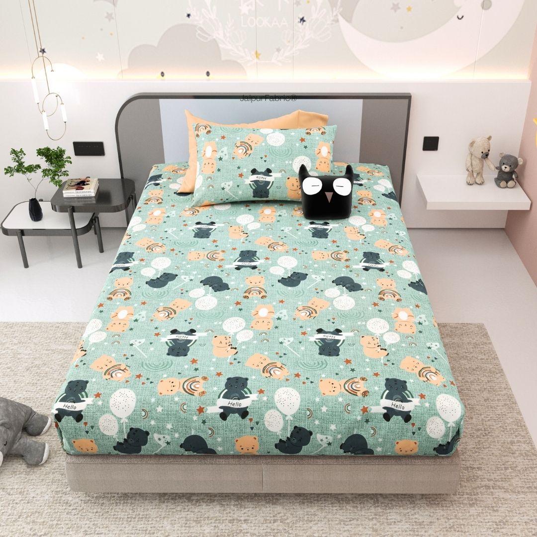 Cuteness Overloaded Green Soft Cotton Kids Bed Sheet Combo of 2