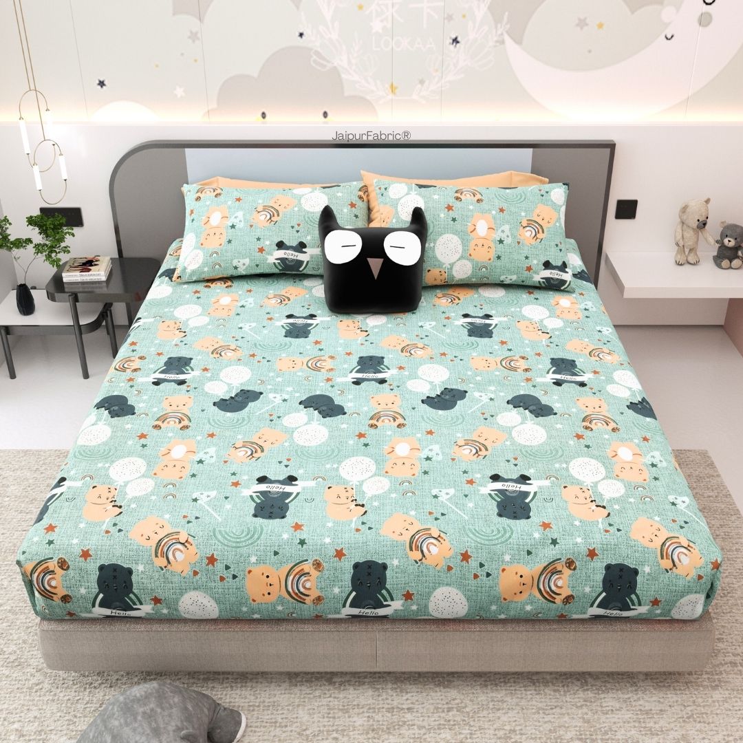 Cuteness Overloaded Green Soft Cotton Kids Bed Sheet Combo of 2