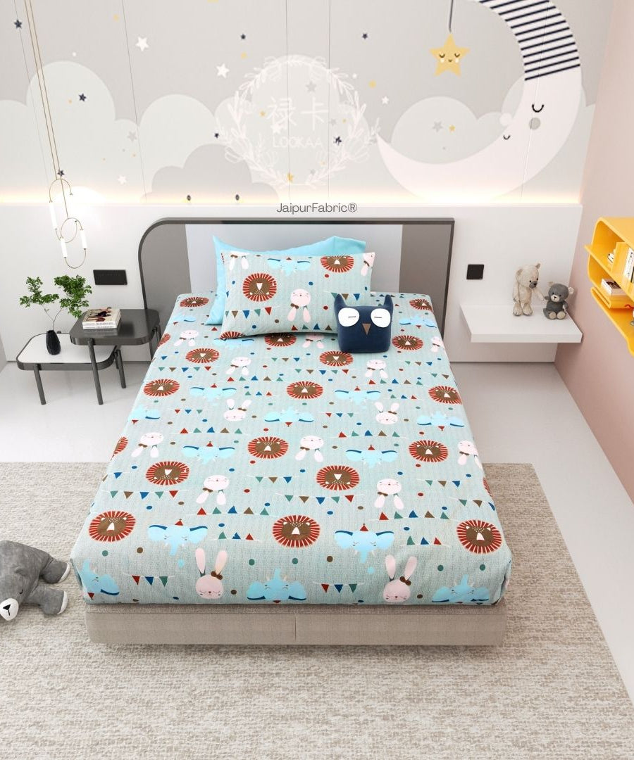 Animal Carnival Pastel Blue Soft Cotton Kids Bed Sheet Combo of 2