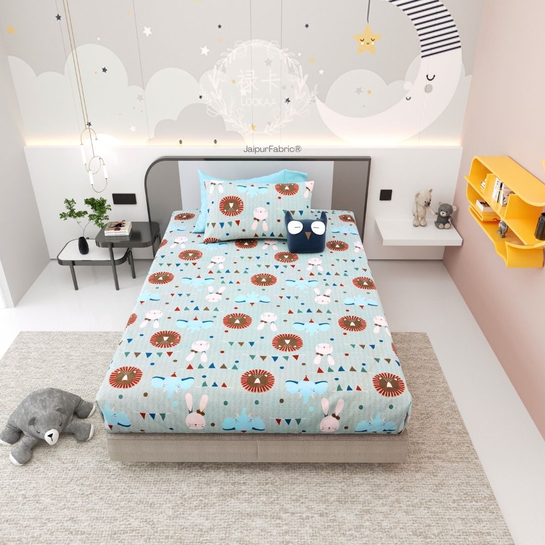 Animal Carnival Pastel Blue Soft Cotton Kids Bed Sheet Combo of 2
