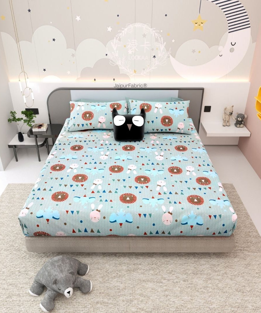 Animal Carnival Pastel Blue Soft Cotton Kids Bed Sheet Combo of 2