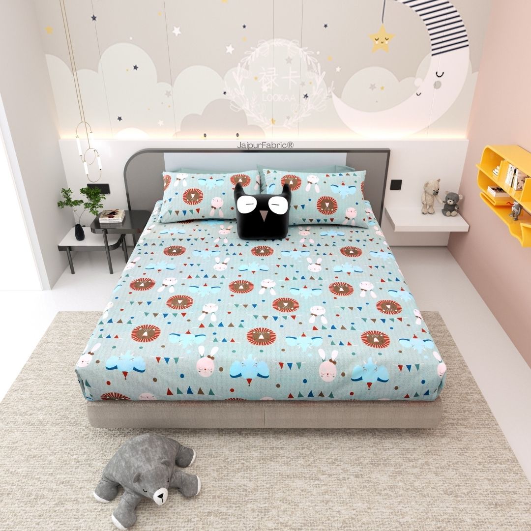 Animal Carnival Pastel Blue Soft Cotton Kids Bed Sheet Combo of 2
