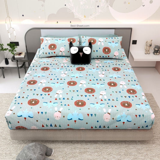 Pastel Blue Animal Party Soft Cotton Kids Bed Sheet