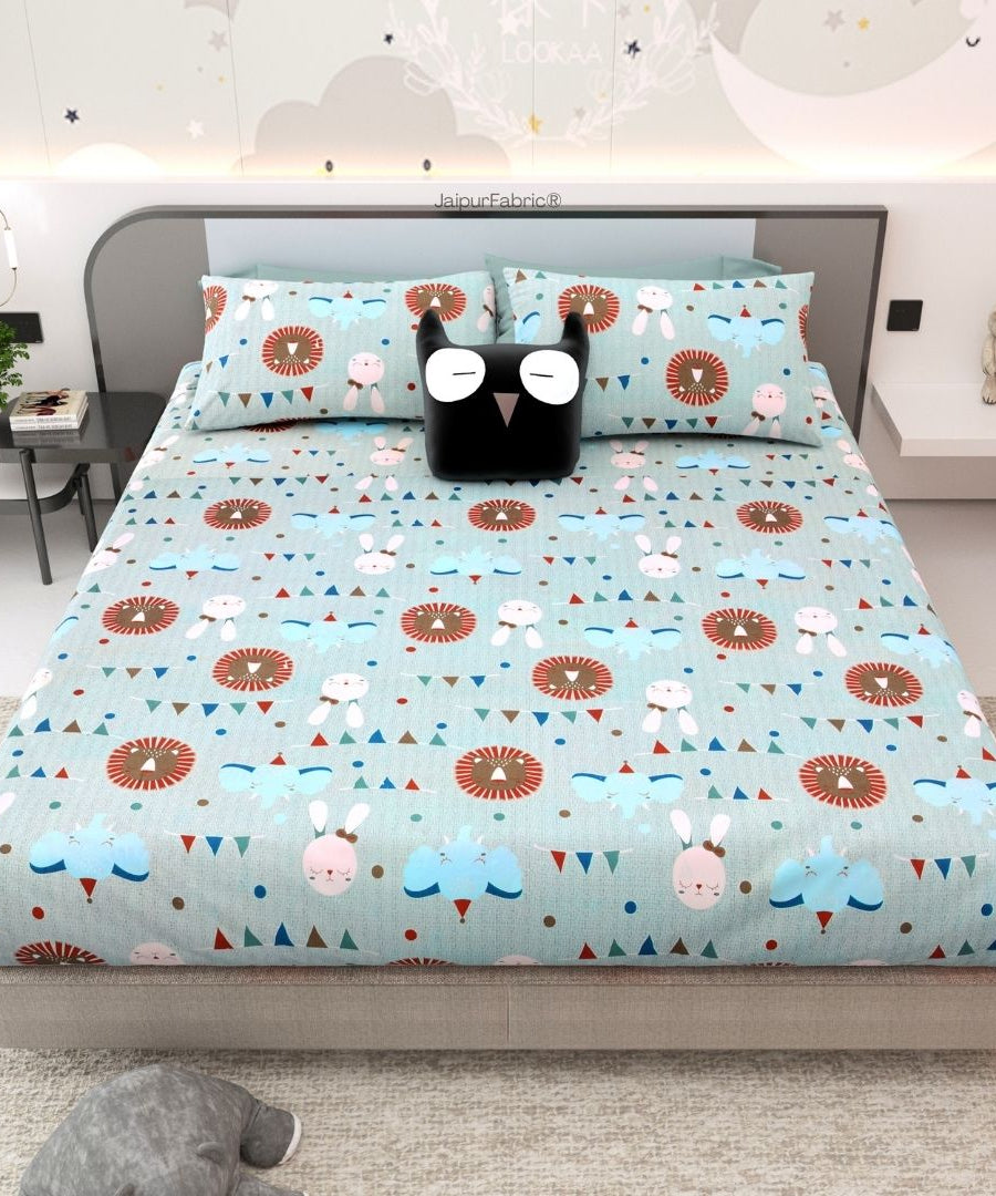 Animal Carnival Pastel Blue Soft Cotton Kids Bed Sheet Combo of 2