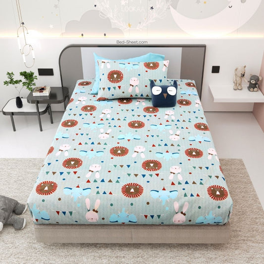 Pastel Blue Animal Party Soft Cotton Kids Bed Sheet