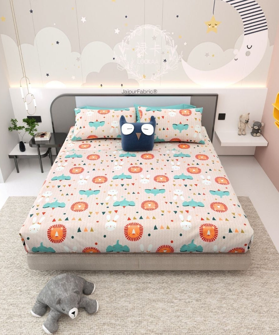Animal Carnival Peach Soft Cotton Kids Bed Sheet Combo of 2