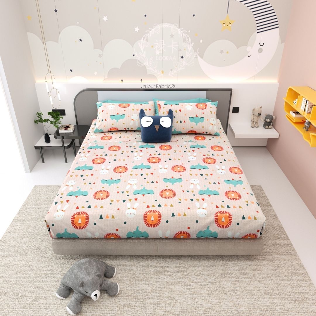 Animal Carnival Peach Soft Cotton Kids Bed Sheet Combo of 2