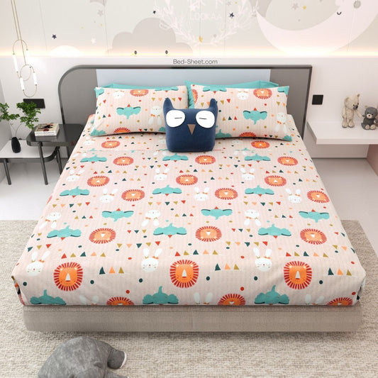 Peach Animal Party Soft Cotton Kids Bed Sheet