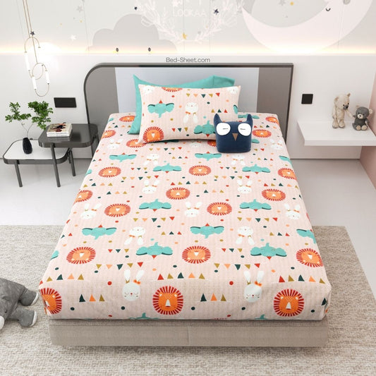 Peach Animal Party Soft Cotton Kids Bed Sheet