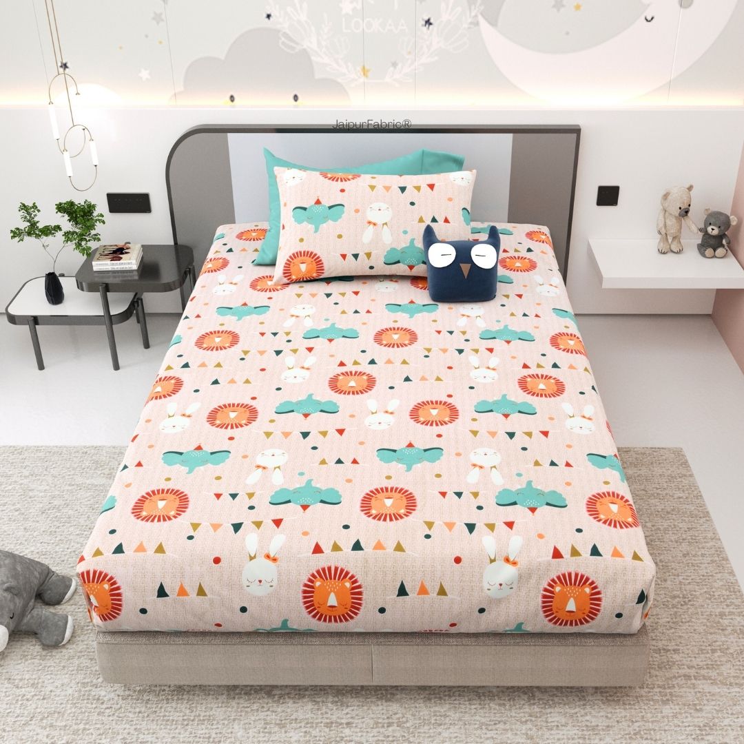 Animal Carnival Peach Soft Cotton Kids Bed Sheet Combo of 2