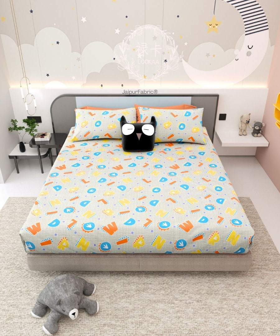 ABC Alphabet Adventure Orange and Blue Soft Cotton Kids Bed Sheet Combo of 2