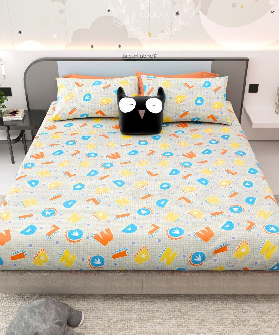 ABC Alphabet Adventure Orange and Blue Soft Cotton Kids Bed Sheet Combo of 2