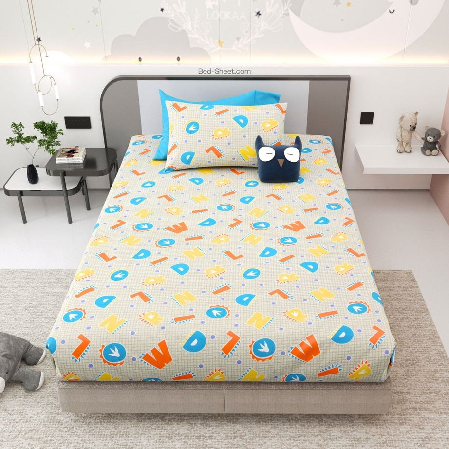 Orange and Blue Alphabet Journey Soft Cotton Kids Bed Sheet