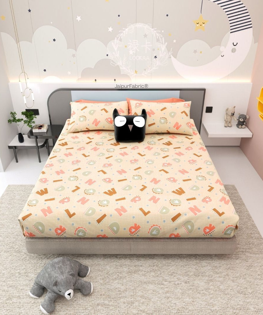 ABC Alphabet Adventure Peach & Beige Soft Cotton Kids Bed Sheet Combo of 2