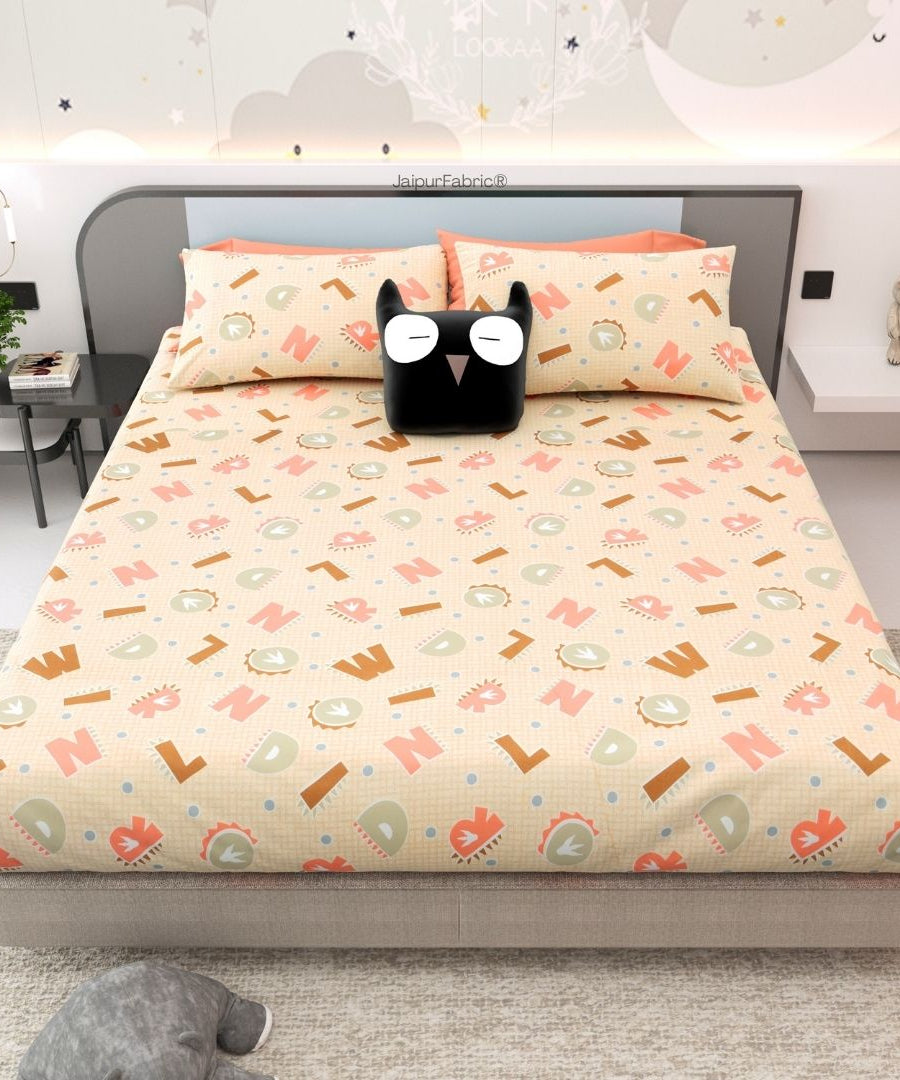 ABC Alphabet Adventure Peach & Beige Soft Cotton Kids Bed Sheet Combo of 2