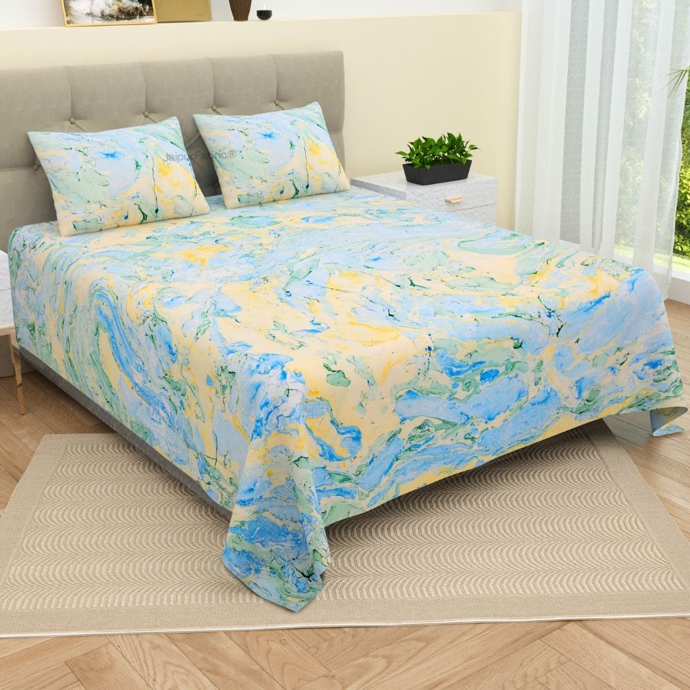 Peacock Monsoon Medley - Hand Block Print King Size Bedsheet with Pillow Covers