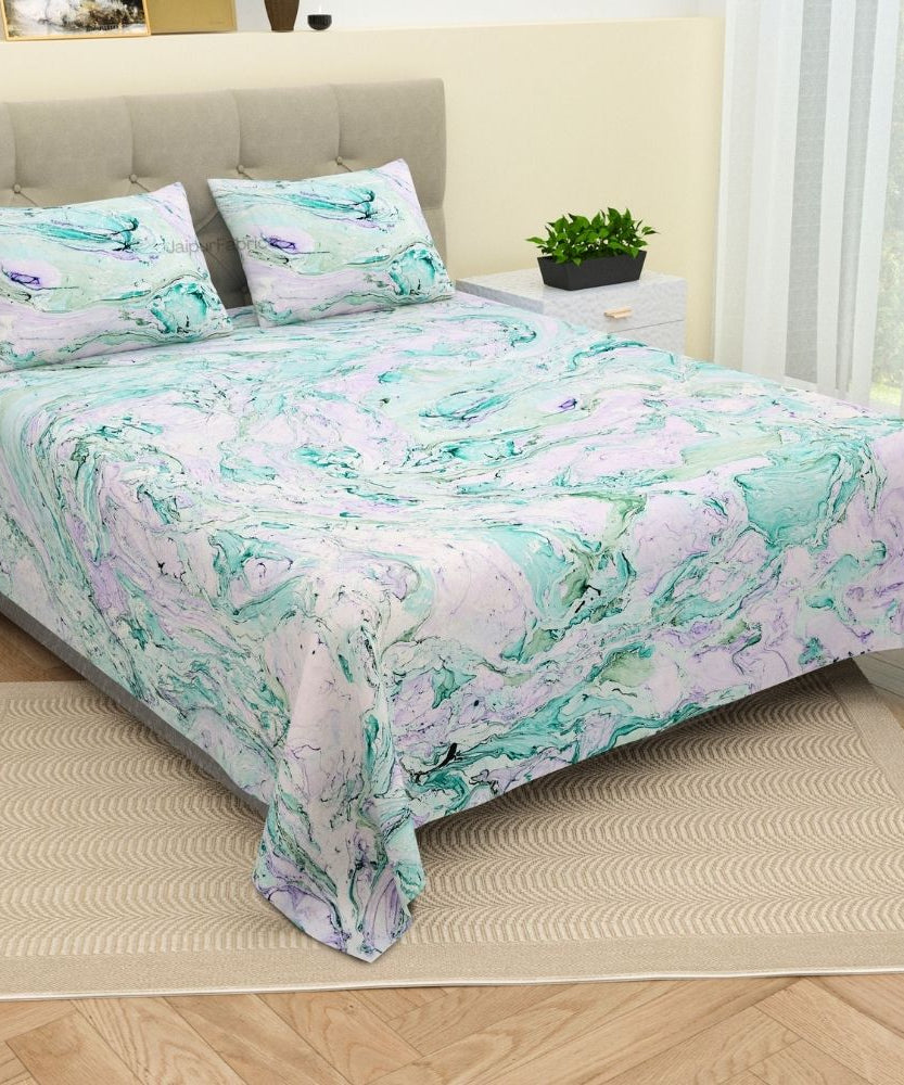 Monsoon Peacock - Artisan Marble Print King Size Bedsheet in Jewel Tones