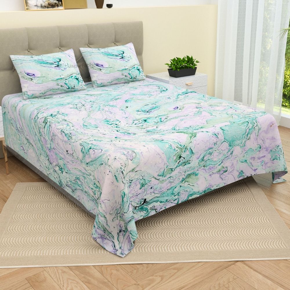 Monsoon Peacock - Artisan Marble Print King Size Bedsheet in Jewel Tones