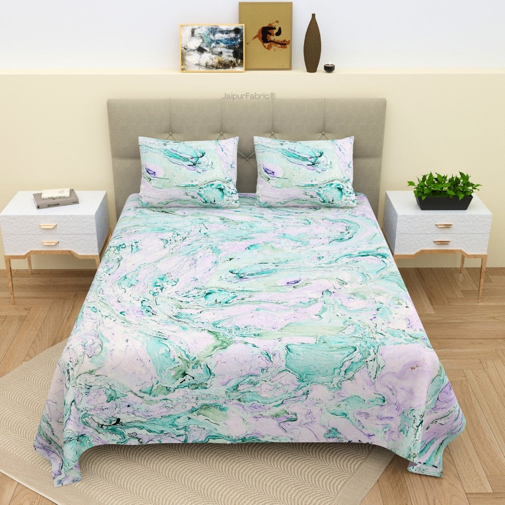 Monsoon Peacock - Artisan Marble Print King Size Bedsheet in Jewel Tones