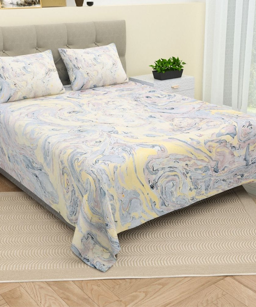 Royal Peacock Marble Hand Block Print King Size Cotton Bedsheet Set