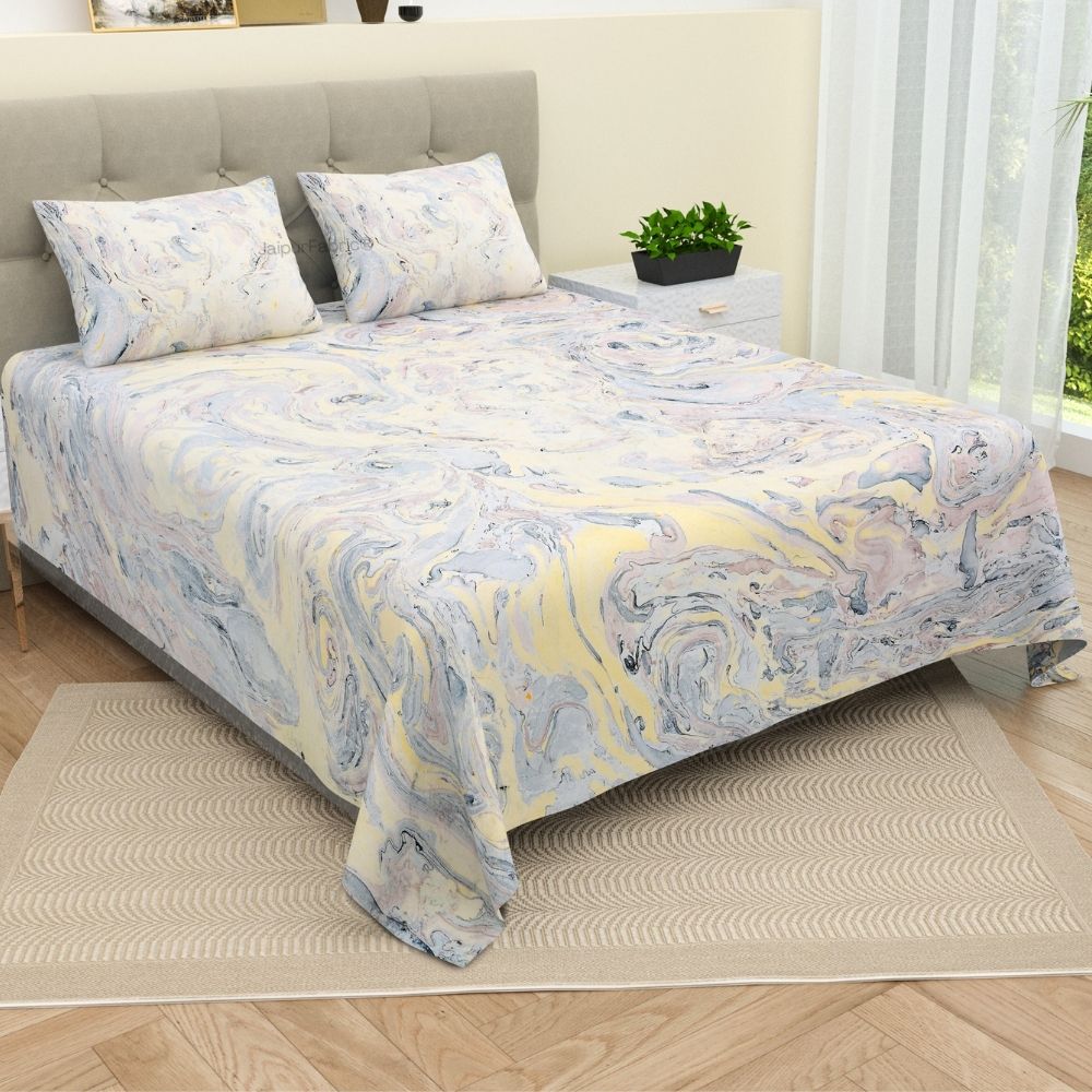 Royal Peacock Marble Hand Block Print King Size Cotton Bedsheet Set
