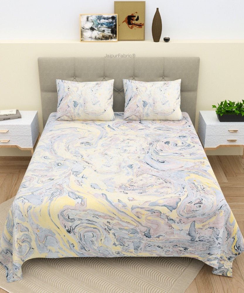 Royal Peacock Marble Hand Block Print King Size Cotton Bedsheet Set