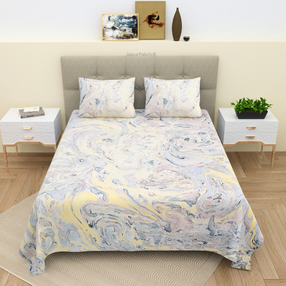Royal Peacock Marble Hand Block Print King Size Cotton Bedsheet Set