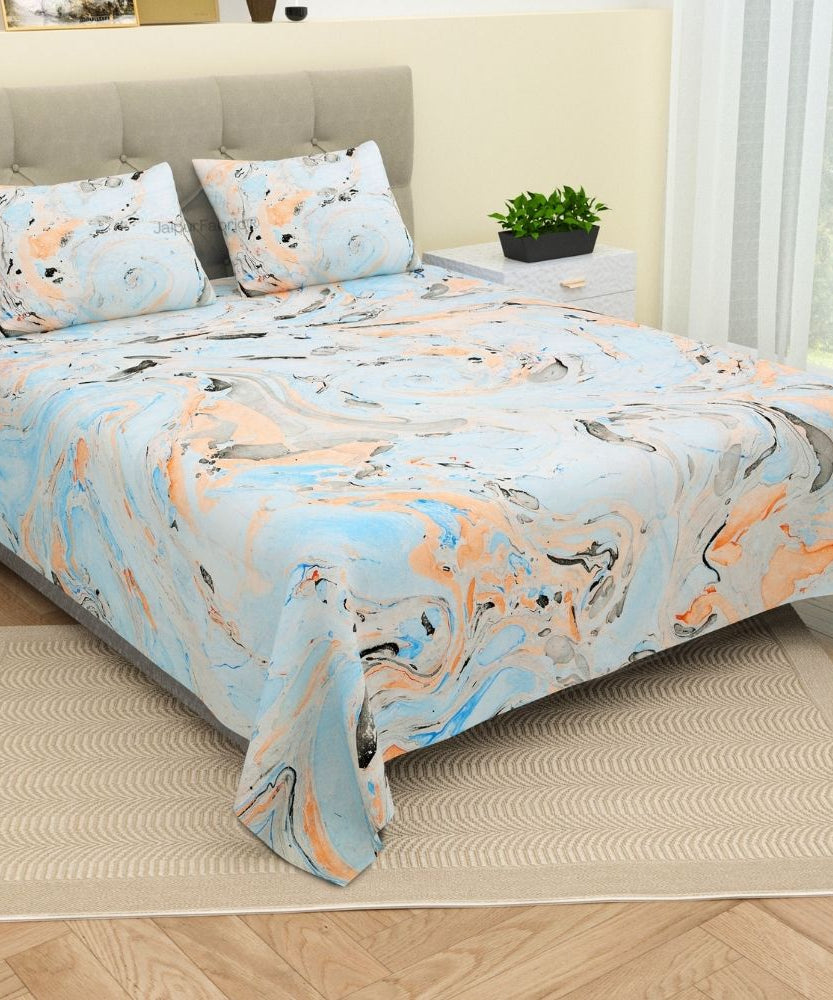 Royal Peacock Marble Print Luxury Cotton Bedsheet with Pillow Covers