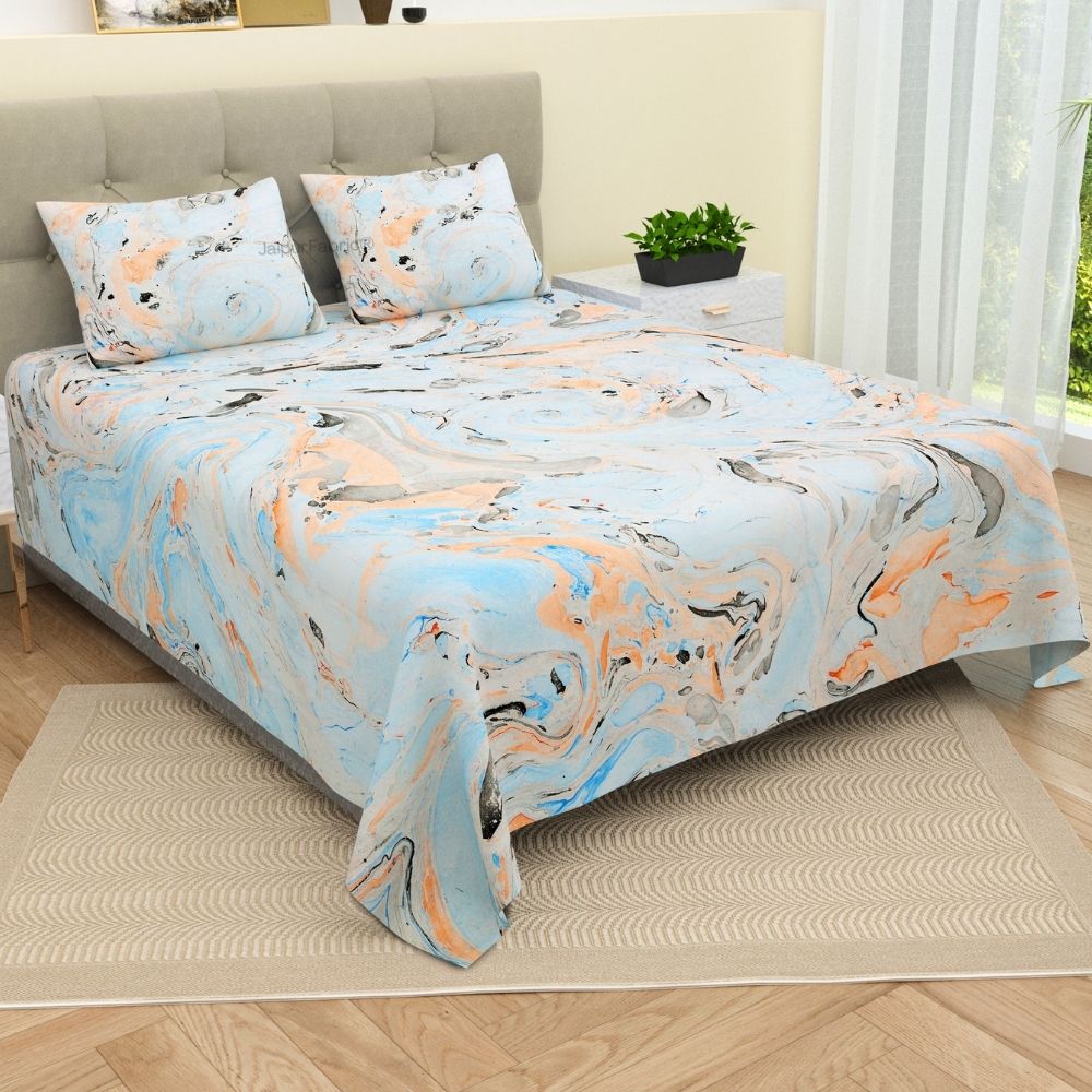 Royal Peacock Marble Print Luxury Cotton Bedsheet with Pillow Covers