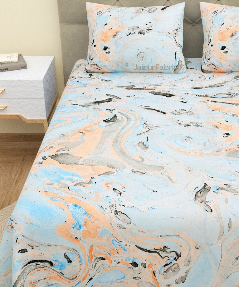 Royal Peacock Marble Print Luxury Cotton Bedsheet with Pillow Covers