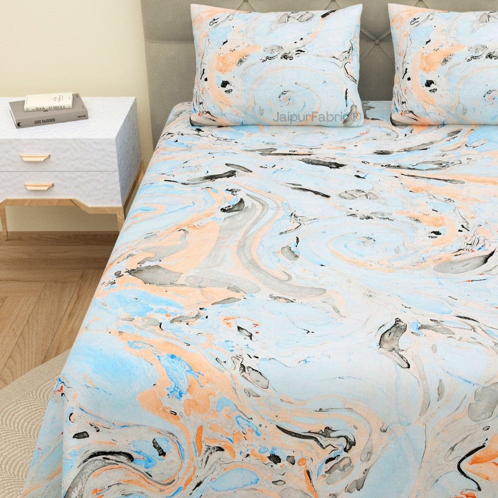 Royal Peacock Marble Print Luxury Cotton Bedsheet with Pillow Covers