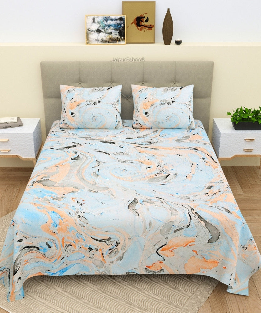 Royal Peacock Marble Print Luxury Cotton Bedsheet with Pillow Covers