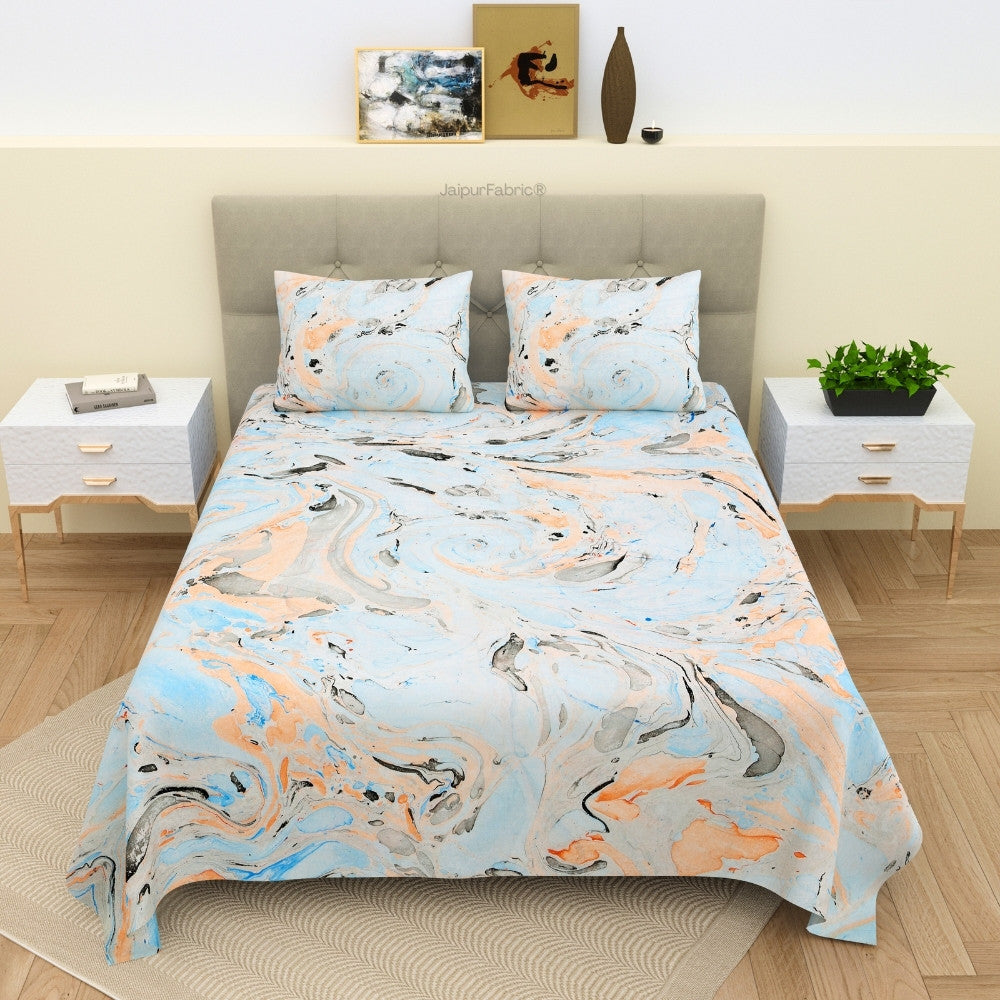 Royal Peacock Marble Print Luxury Cotton Bedsheet with Pillow Covers